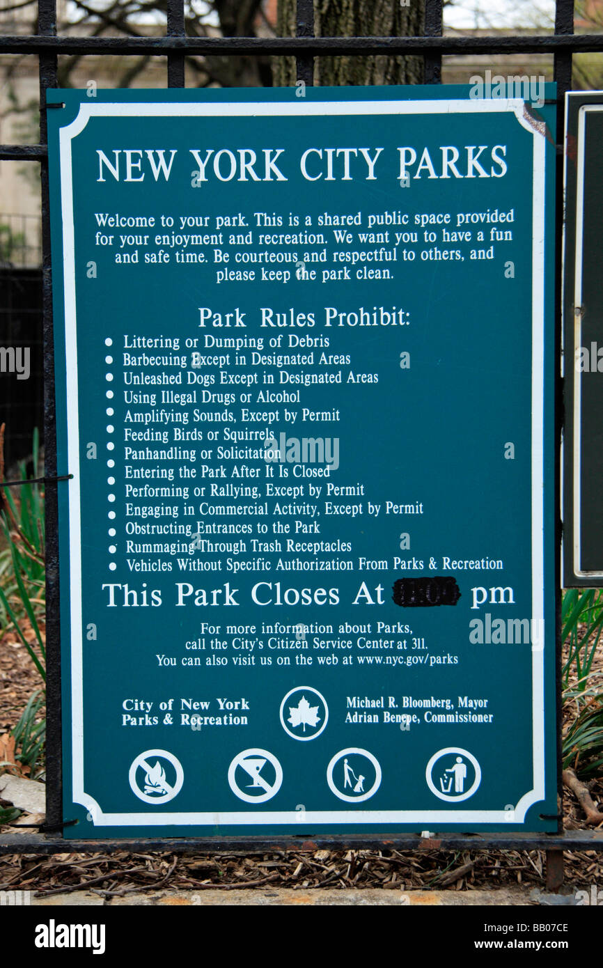 A Generic New York City Parks Notice Board Laying Out The Park Rules 