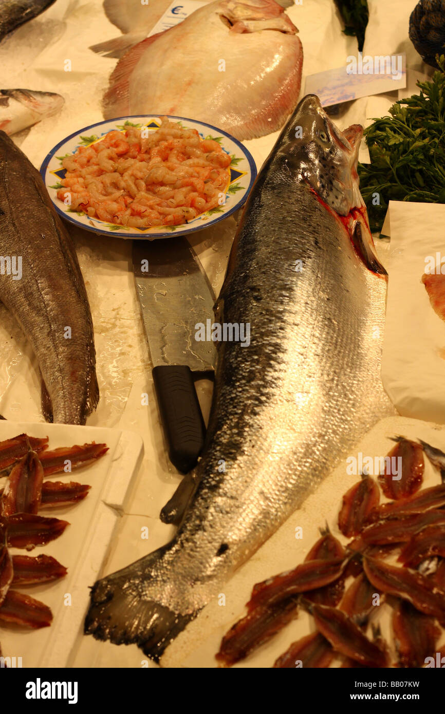 Salmon fish at a market in Rome, Italy. Stock Photo