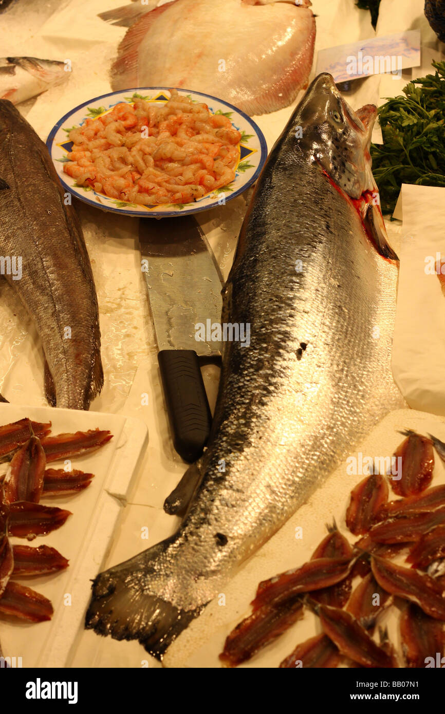 Salmon fish at a market in Rome, Italy. Stock Photo