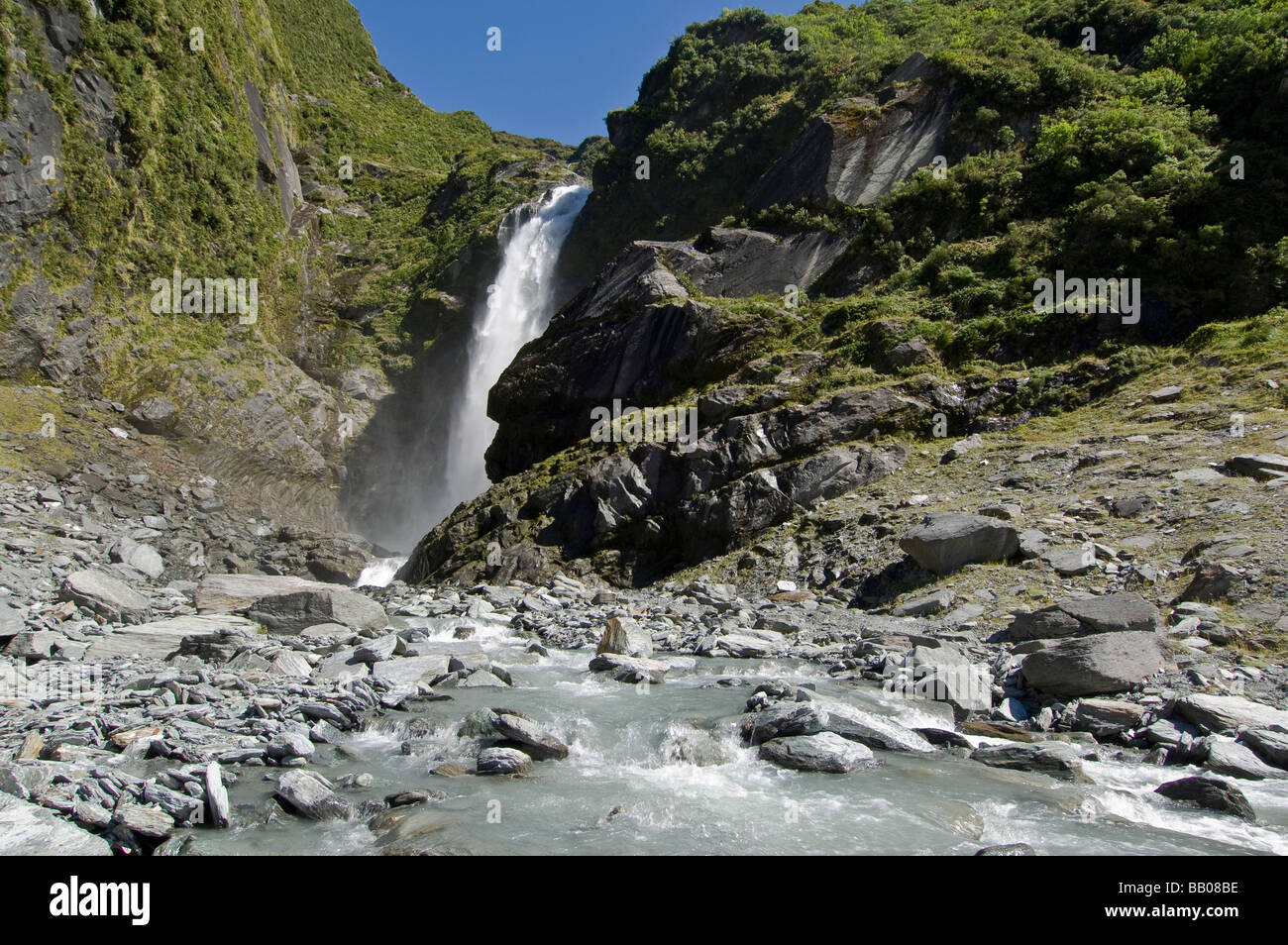 Waterfall in West Matukituki Valley Mt Aspiring National Park South Island New Zealand Stock Photo