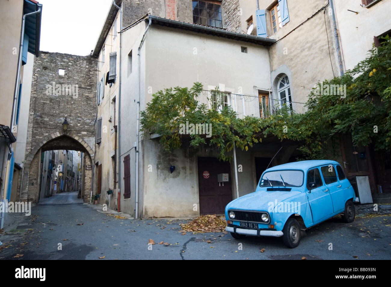 Old blue Renault 4 car parked in a corner of the village of Olargues, Languedoc, France. Stock Photo