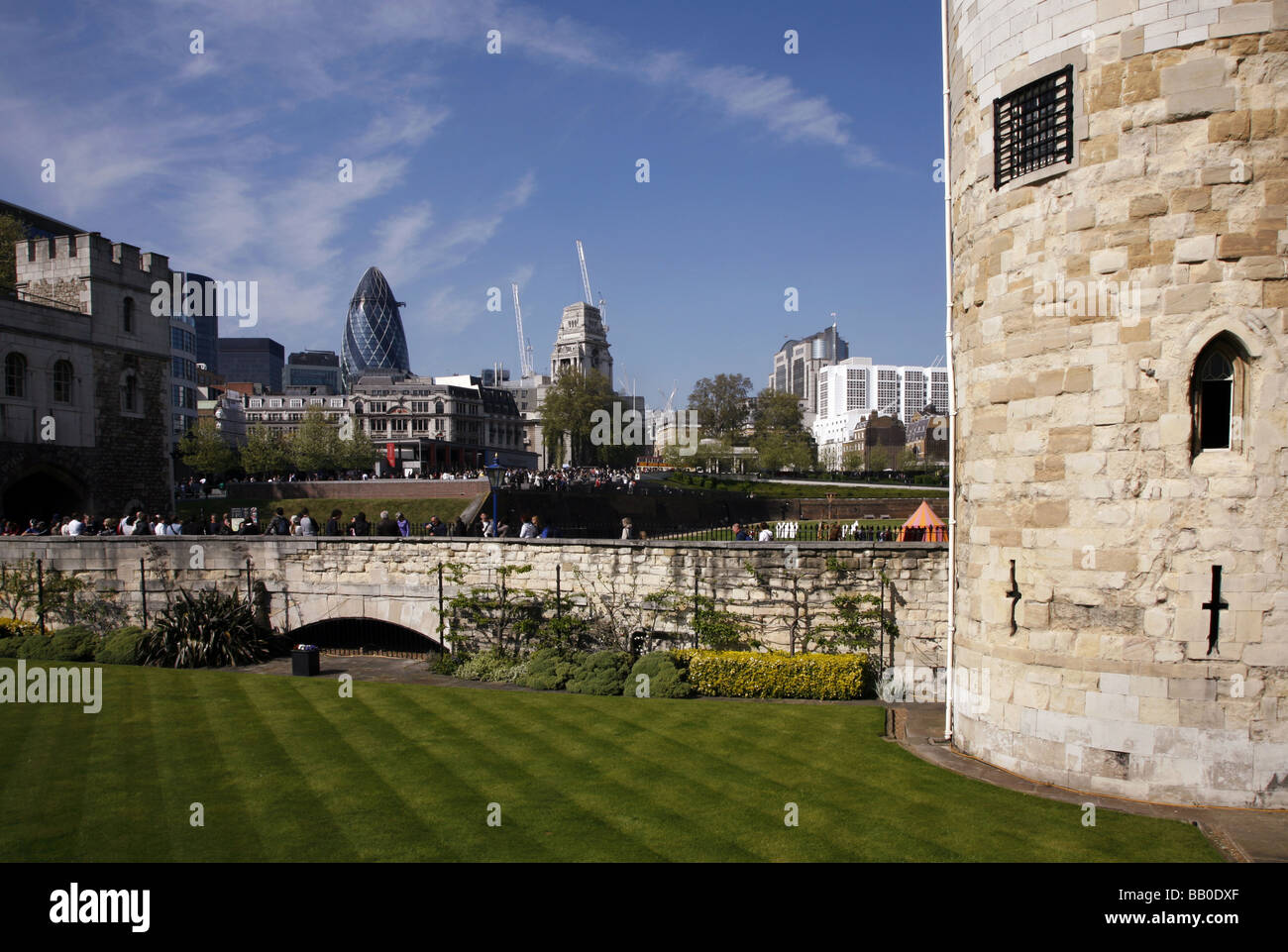 View of the city skyline from the Western entrance to the Tower of London Stock Photo