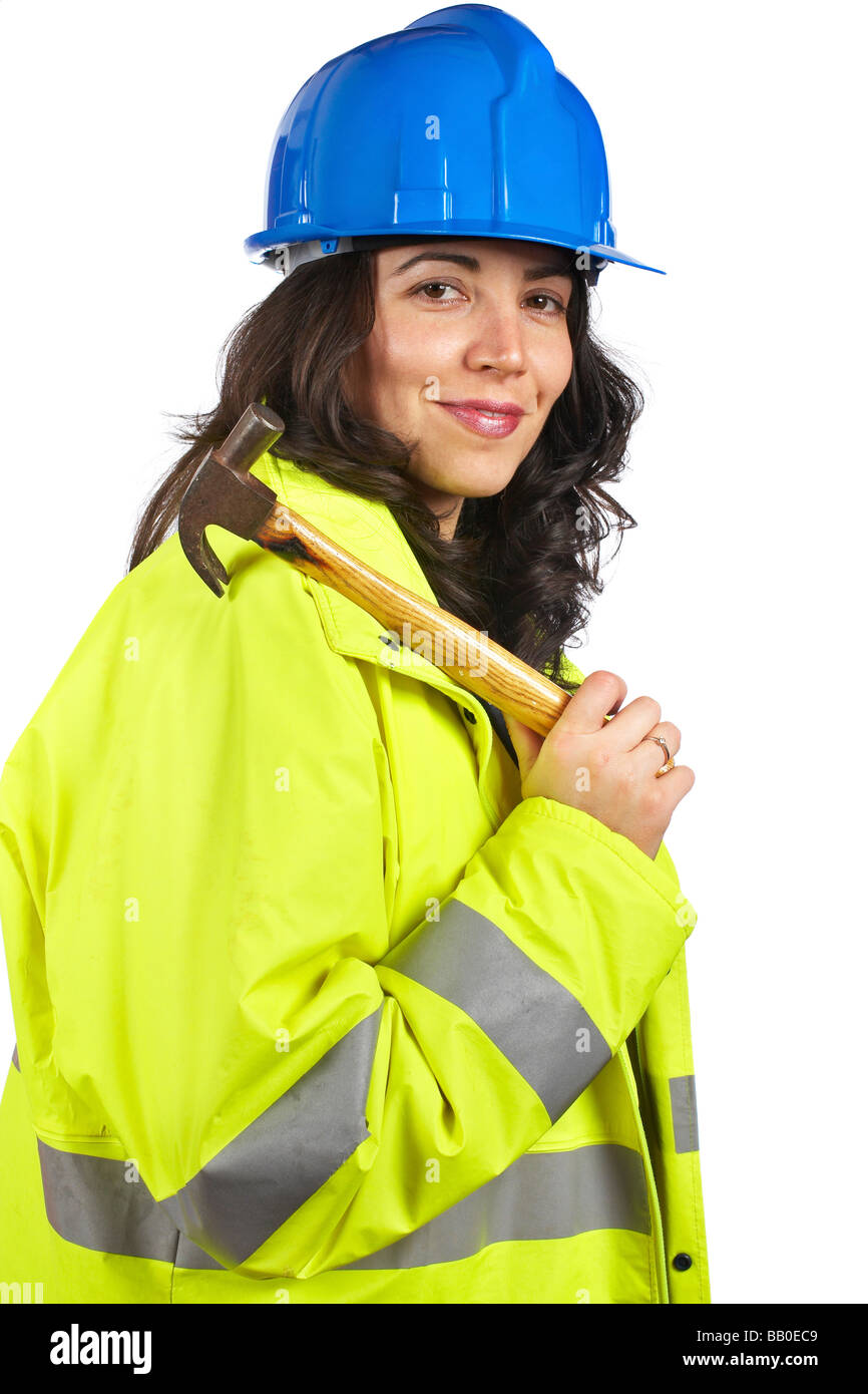 Female construction worker portrait over a white background Stock Photo ...