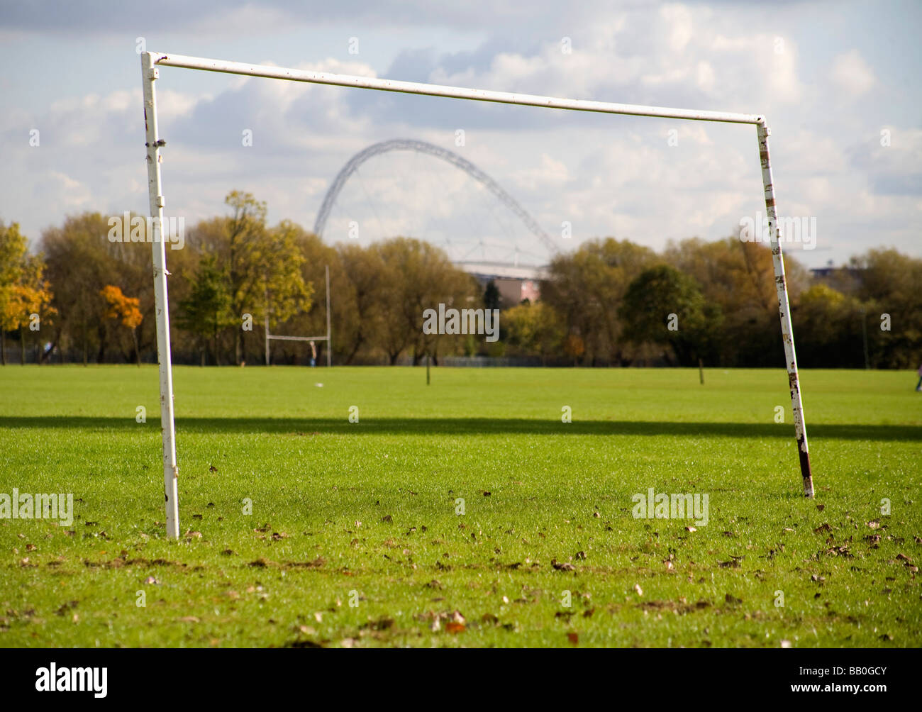 Football goal in front of the Wembley arch Stock Photo Alamy