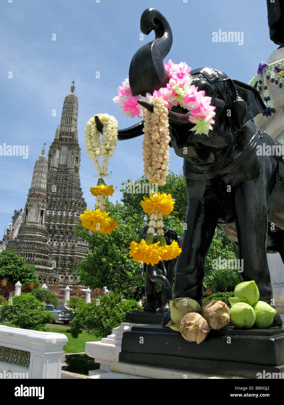 Elephant statue with flower garlands Wat Arun temple Bangkok Thailand Stock Photo