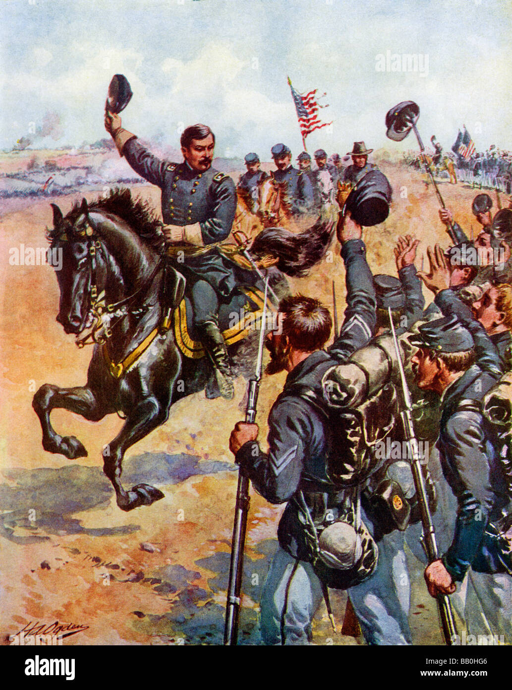 General McClellan encouraging Union troops at the Battle of Antietam 1862. Color lithograph Stock Photo