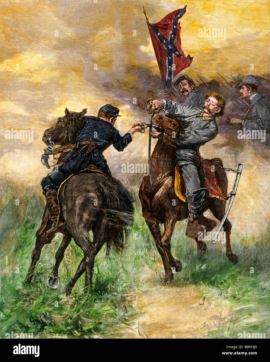 Cavalry duel during a Civil War battle. Hand-colored woodcut Stock Photo