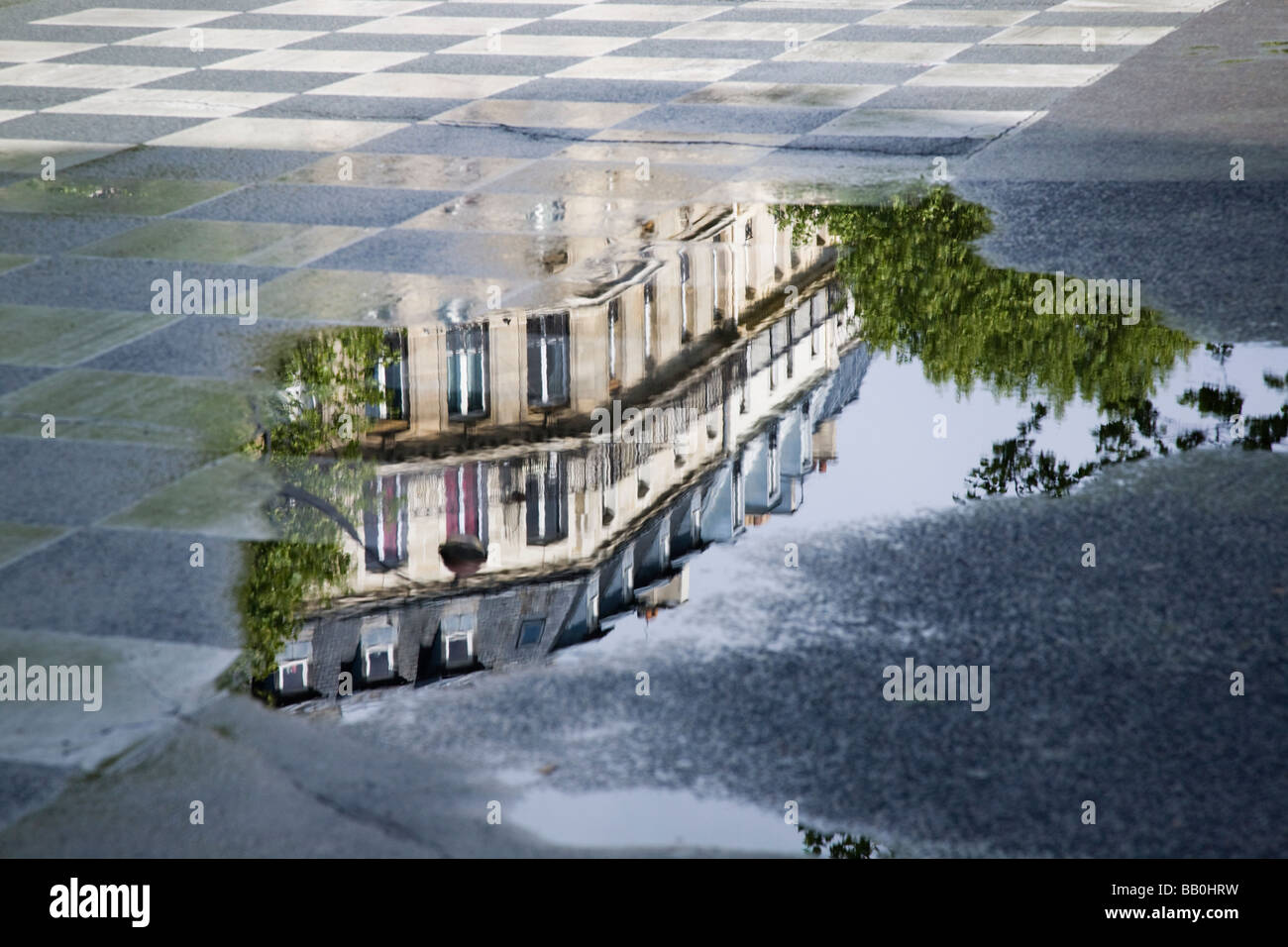 Reflection of building in puddle, Boulevard St Germain France Paris Stock Photo