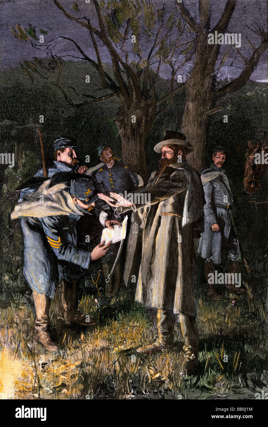 Confederate messenger stopped by Union pickets, US Civil War. Hand-colored woodcut Stock Photo