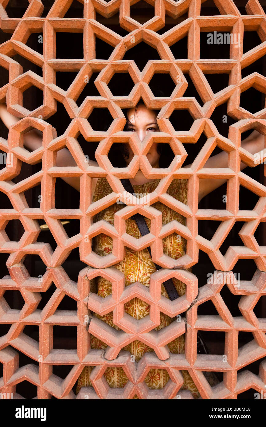 Asian Woman behind a Red Sandstone Grill at Humayuns Tomb in Delhi India Stock Photo