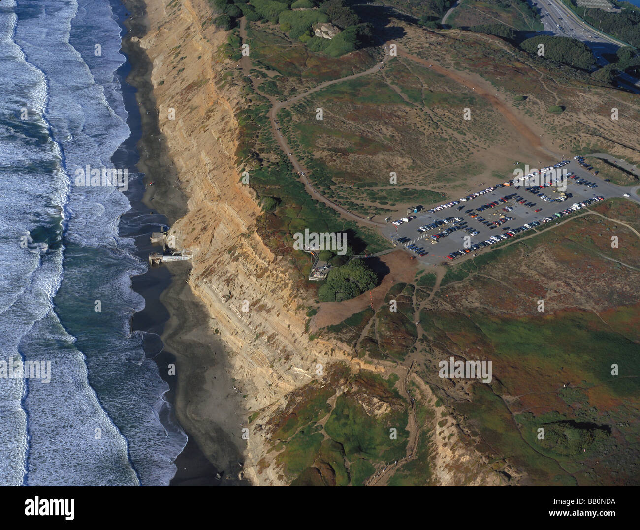 aerial view above Fort Funston California hang glider launch hiking trails Pacific coast Stock Photo