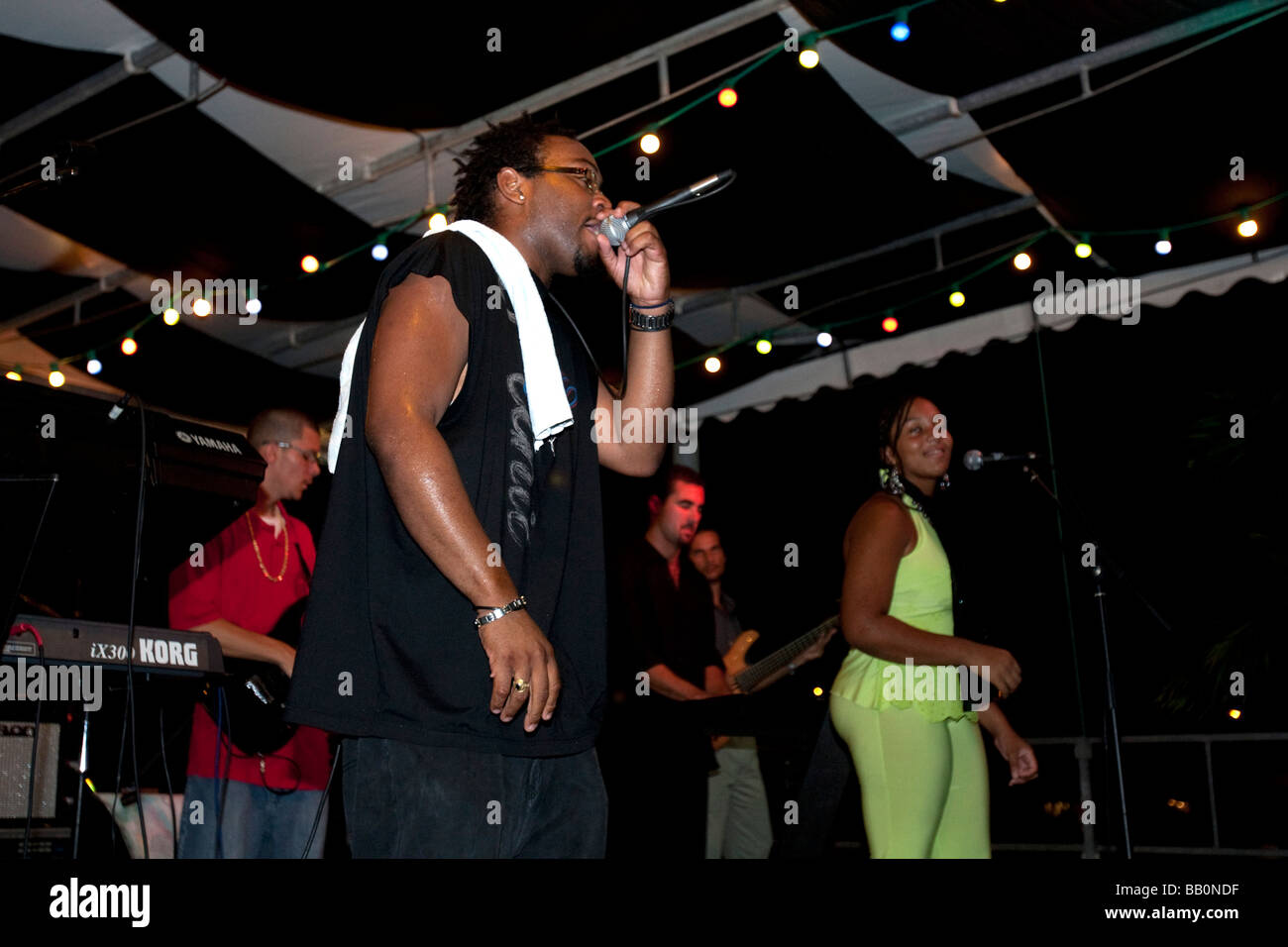 Musical entertainment from soca jump up band Gustavia Saint Barthelemy Day Stock Photo