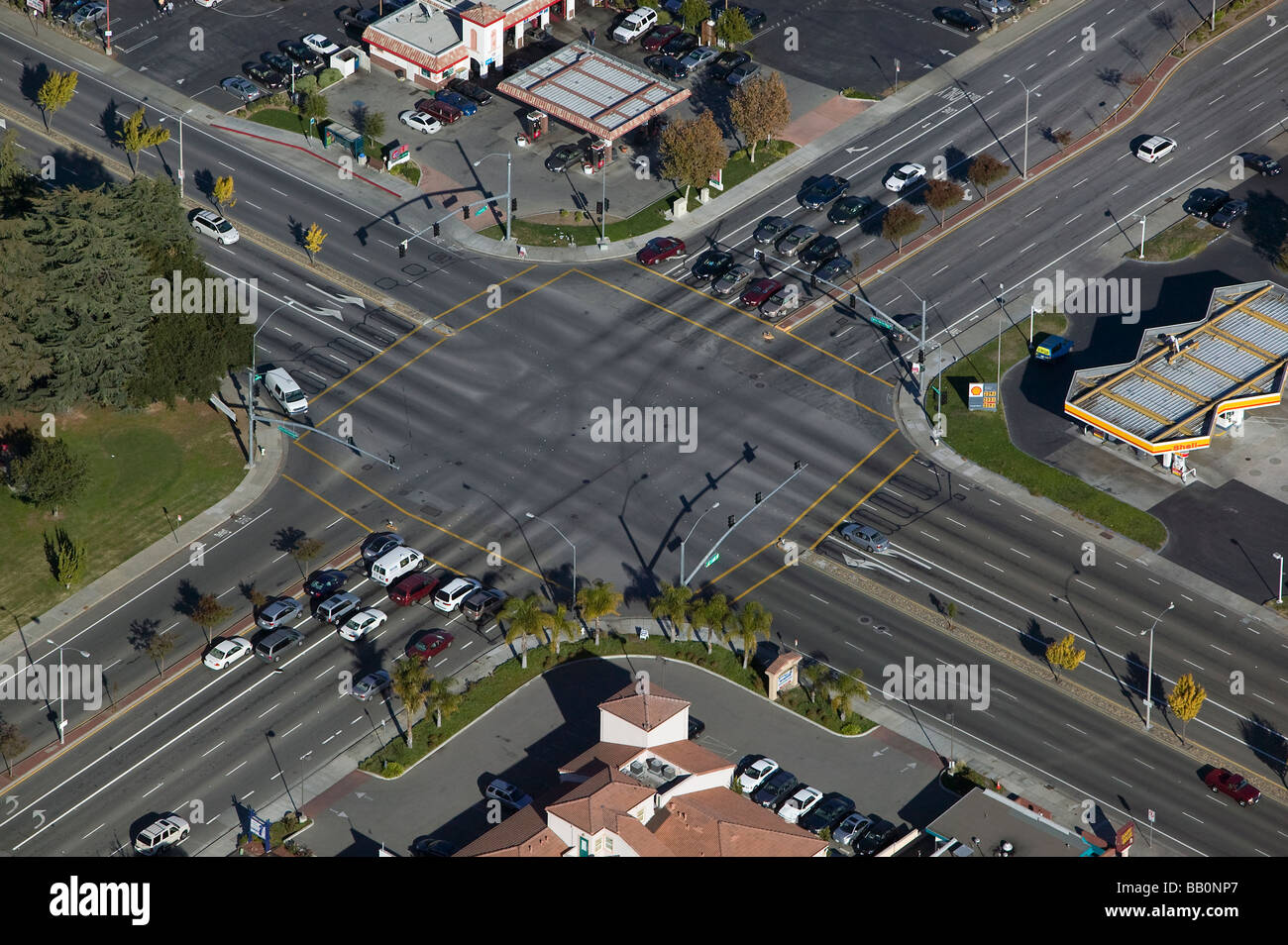aerial view above traffic intersection northern California Stock Photo