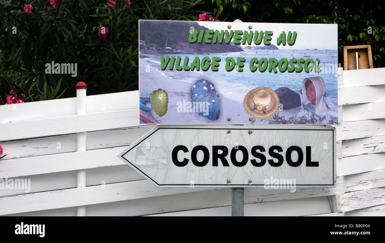 Decorative sign to Corossol seaside village St Barts Stock Photo