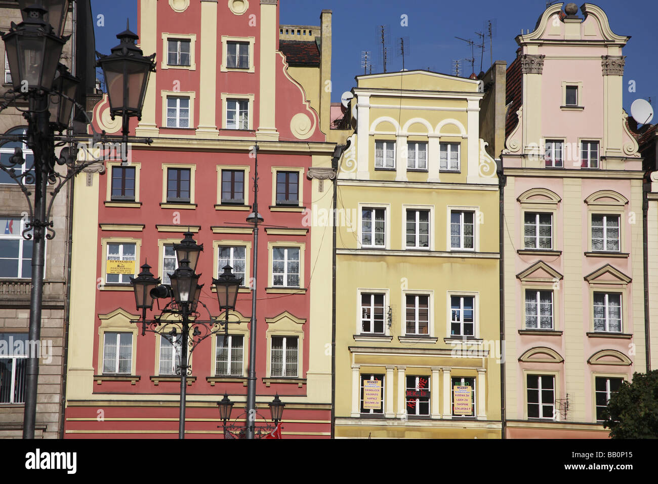 Pastel coloured building facades in the Rynek (Old Market Square) of Wroclaw Stock Photo