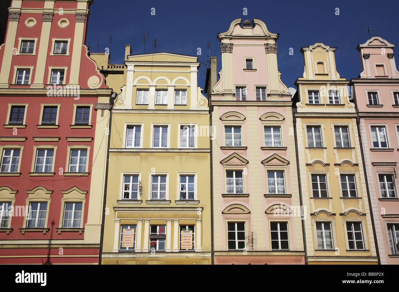 Pastel coloured building facades in the Rynek (Old Market Square) of Wroclaw Stock Photo