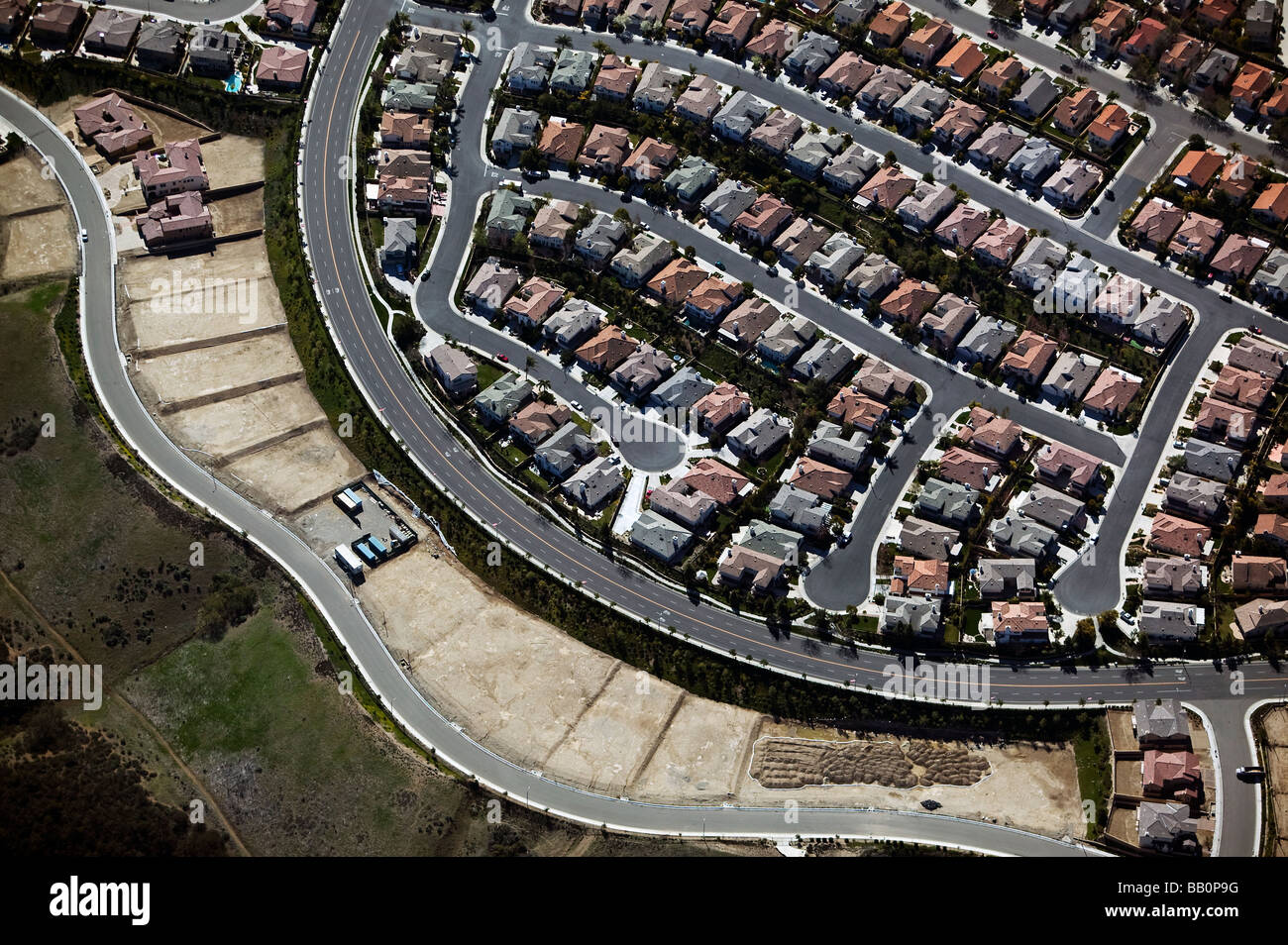 aerial view above southern California residential development subdivision Stock Photo
