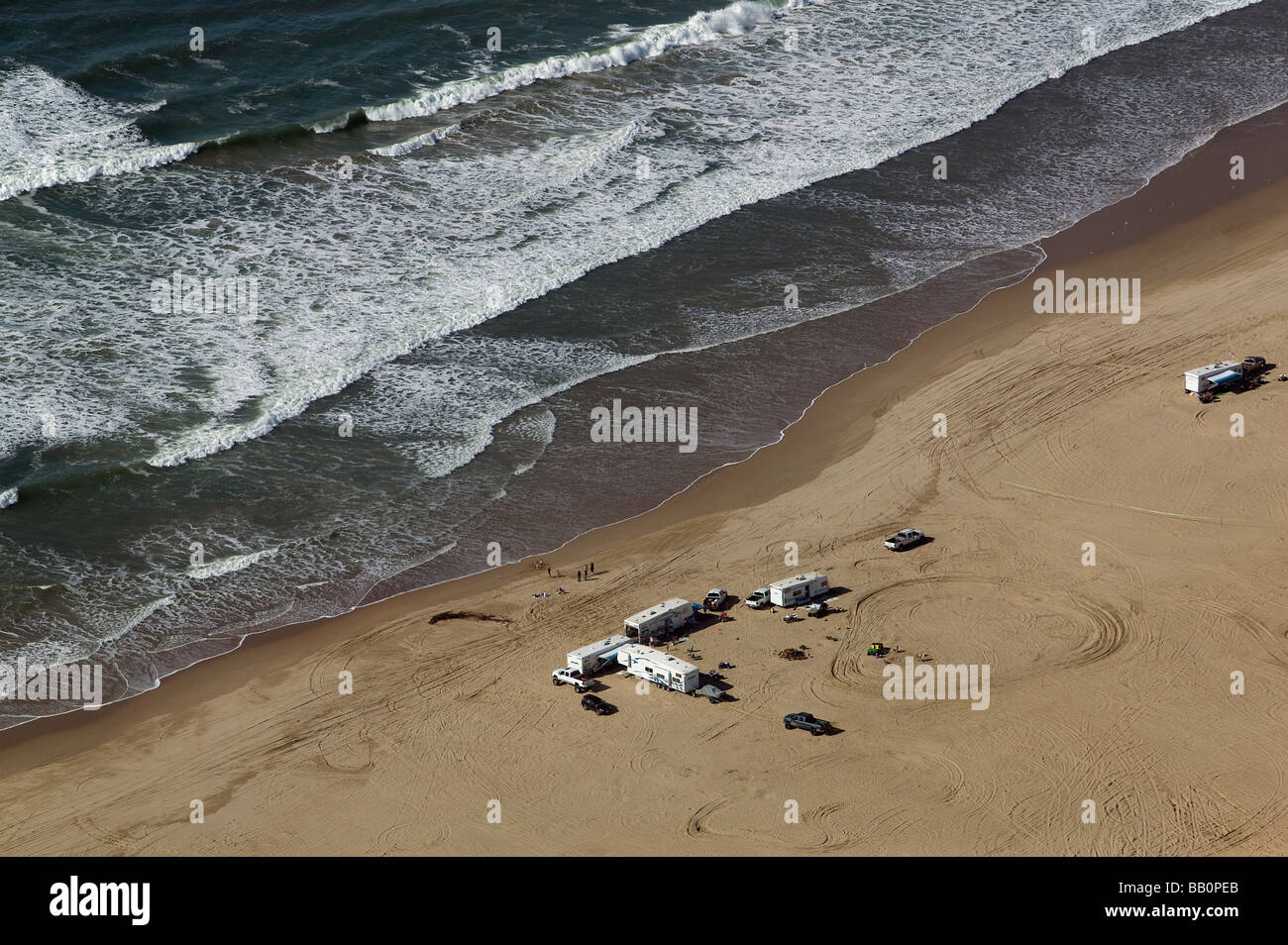 aerial view above rv camping Pacific ocean beach California Stock Photo