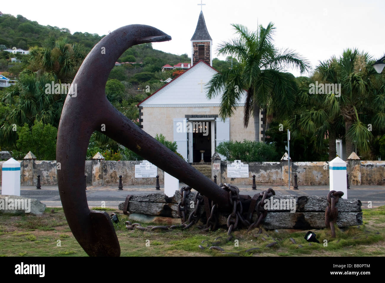 Old anchor opposite St Bartholomews Anglican Church Gustavia St Barts Stock Photo