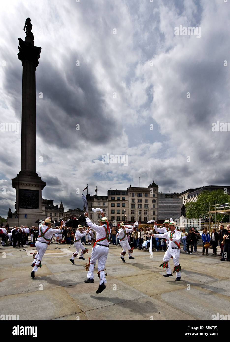 Westminster Morris Men dancing at the Westminster Day of Dance in Trafalgar Square in London.  Photo by Gordon Scammell Stock Photo