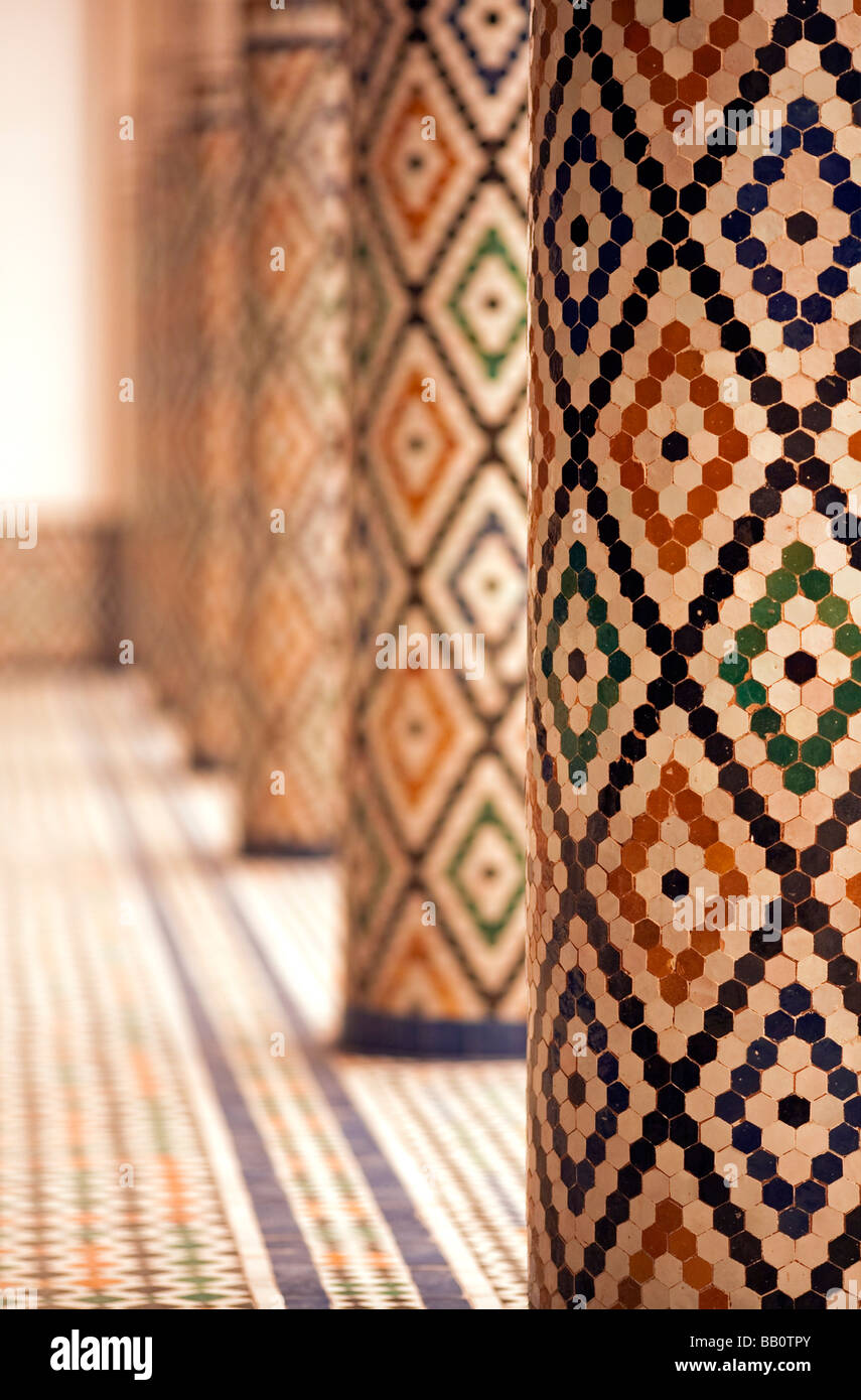 Mosaic tiled pillars inside Mnebhi Palace; Marrakech, Morocco Stock Photo