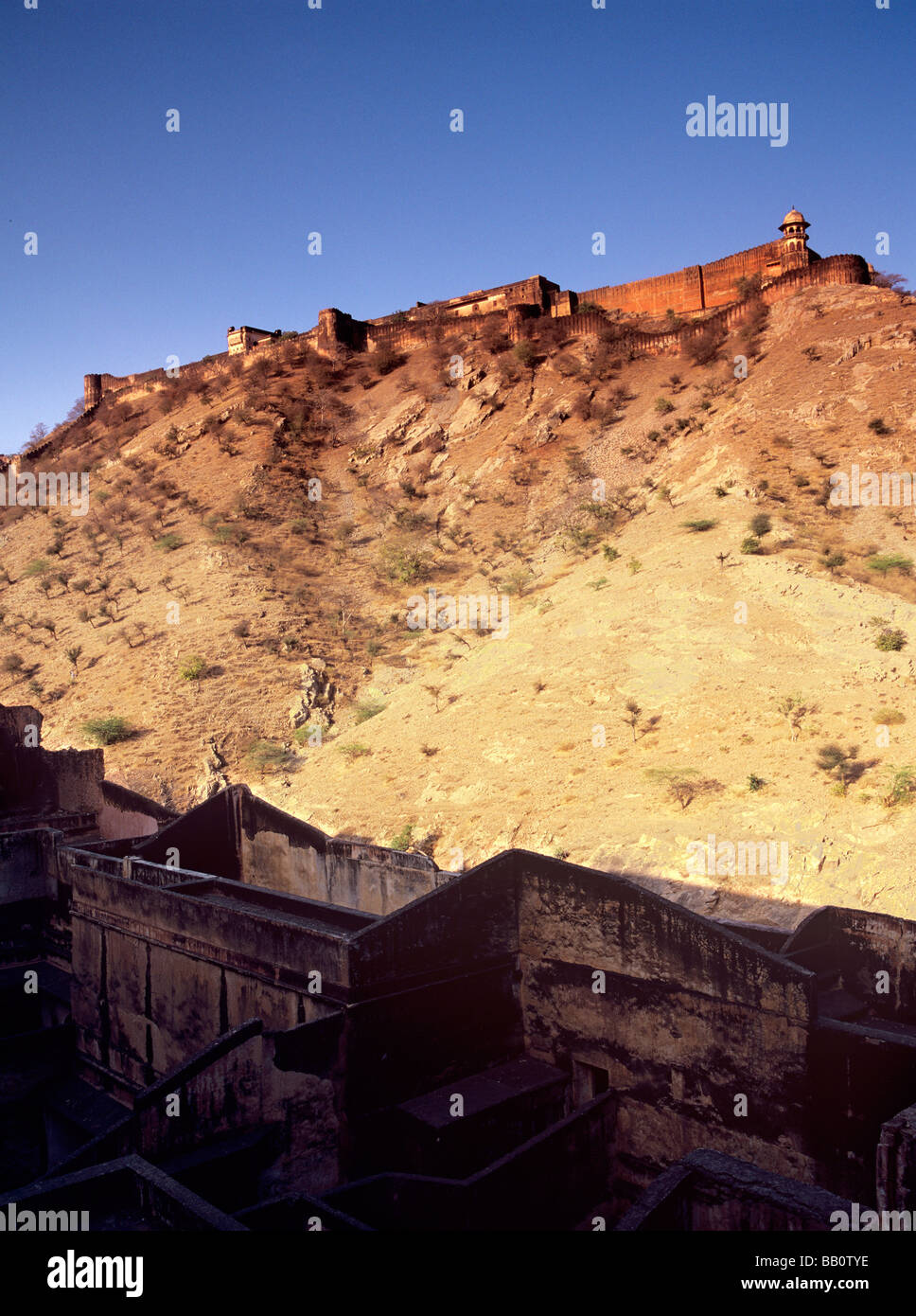 View across Amber Fort to Jaigarh Fort; Jaipur, Rajasthan, India Stock Photo