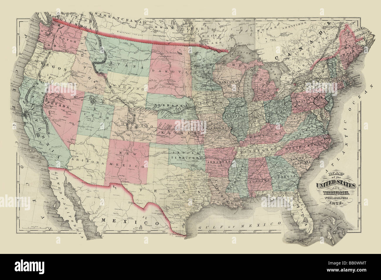 Map of the United States Territories 1872 Stock Photo
