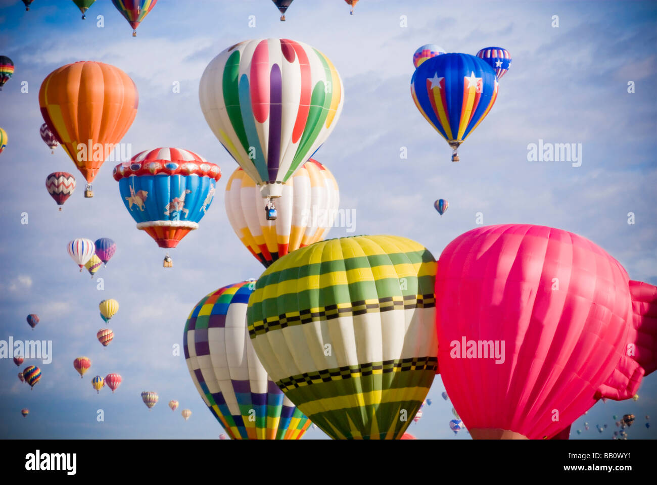 Colorful shot of floating hot air balloons at the 2008 Albuquerque Balloon Fiesta Stock Photo