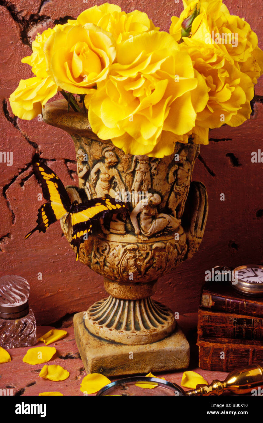 Old vase with yellow roses Stock Photo - Alamy