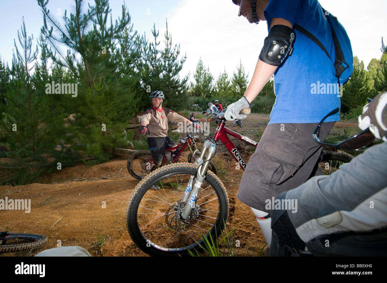 group of men of differnt ages on mountian bikes Stock Photo