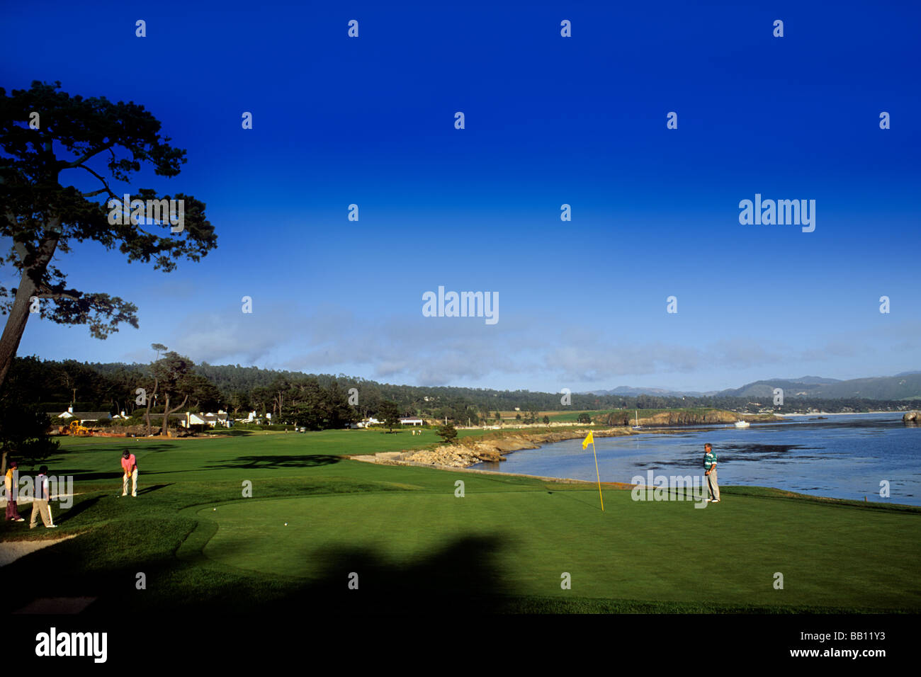 18th Hole ending green at the famous Pebble Beach Golf Course in Monterey California near Carmel Stock Photo
