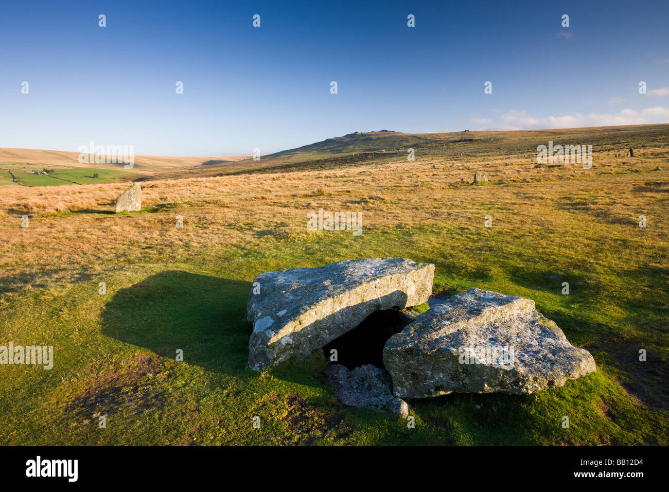 Megalithic stone burial chamber at Merrivale in Dartmoor National Park Devon England October 2008 Stock Photo