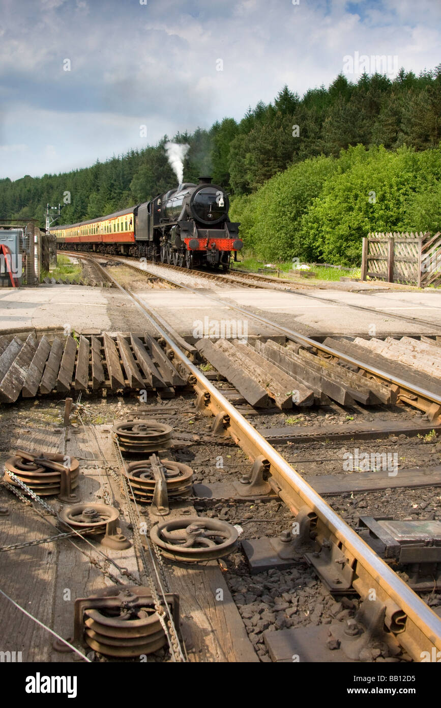 Railroad track mechanism; Goathland, North Yorkshire, England, UK Stock Photo