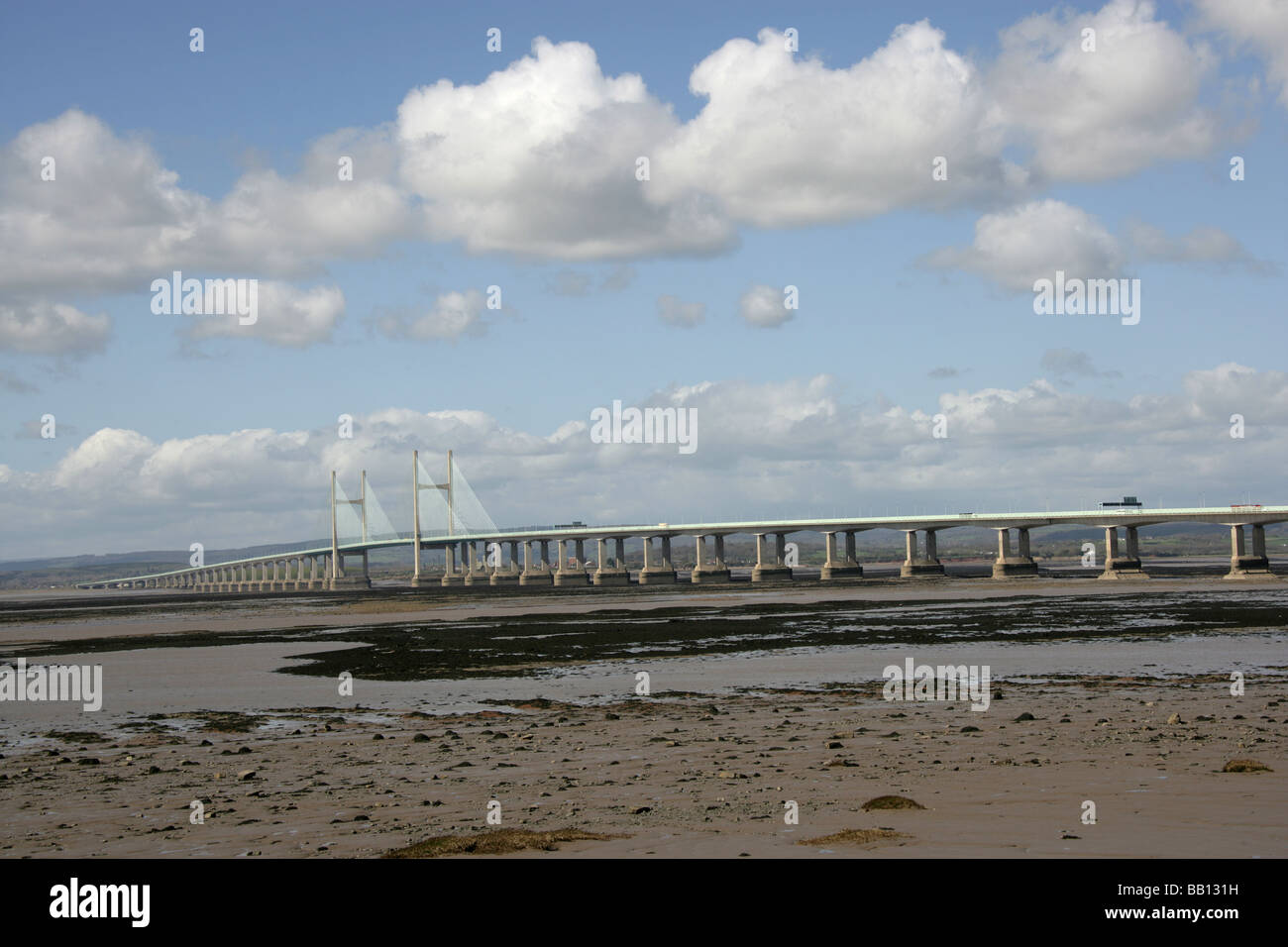View looking west towards Wales of the M4 Motorway Second Severn Bridge crossing, over the River Severn. Stock Photo