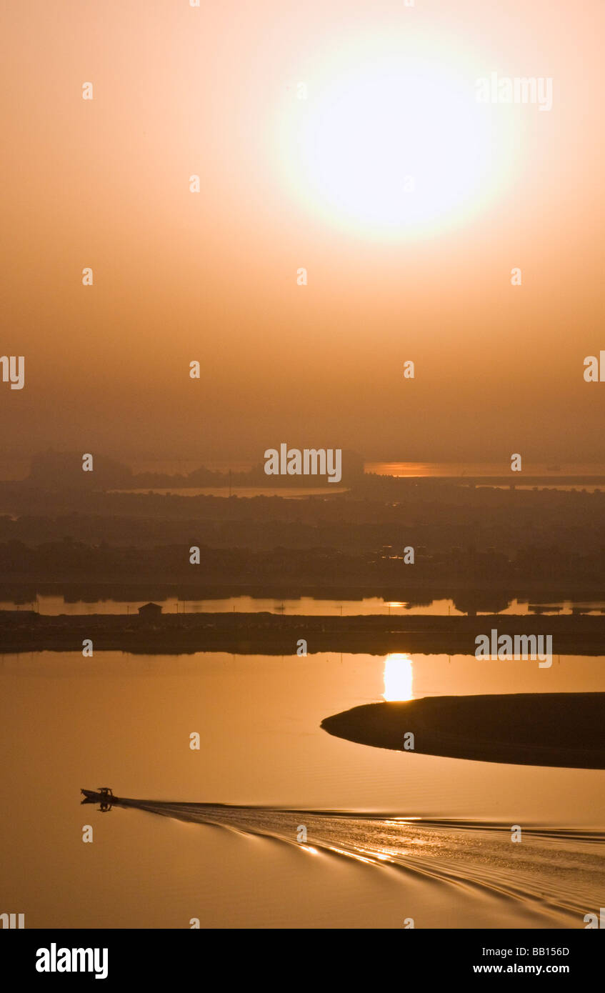 View of The Jumeirah Palm Island at sunrise Dubai Stock Photo