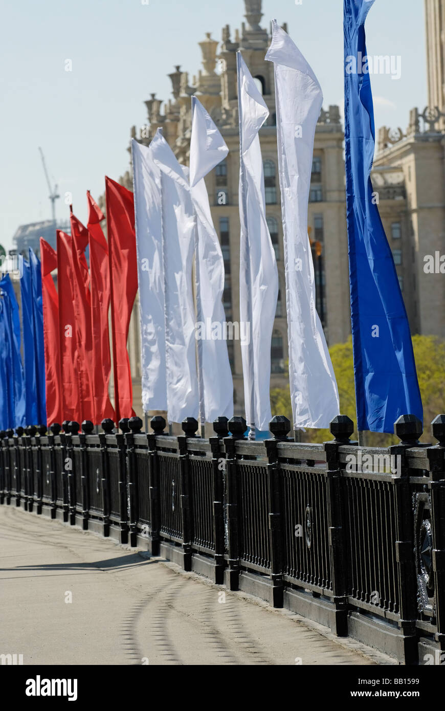 Many flags on the Moscow bridge Stock Photo