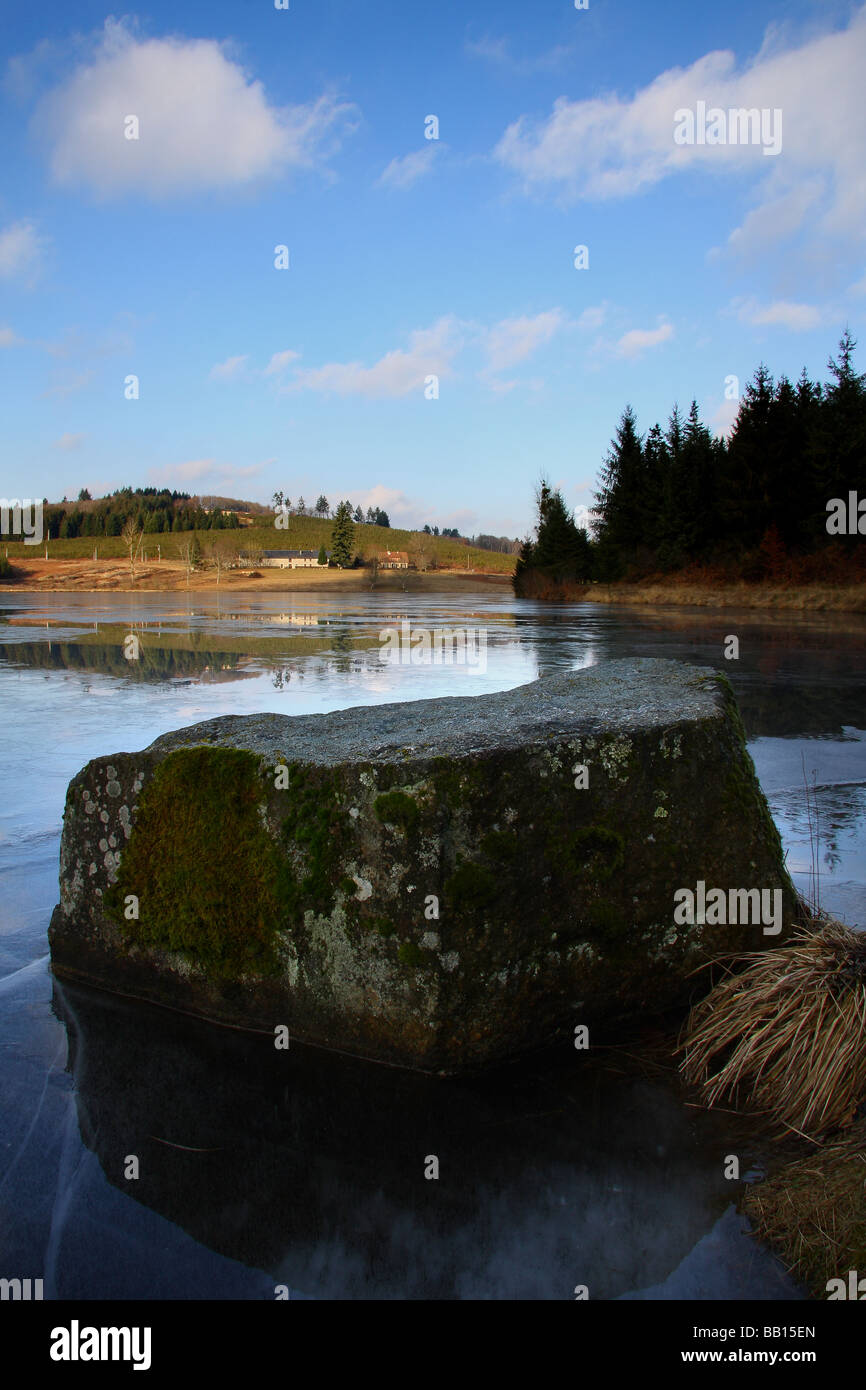 A view over a lake in the Limousin region of France in January. Stock Photo