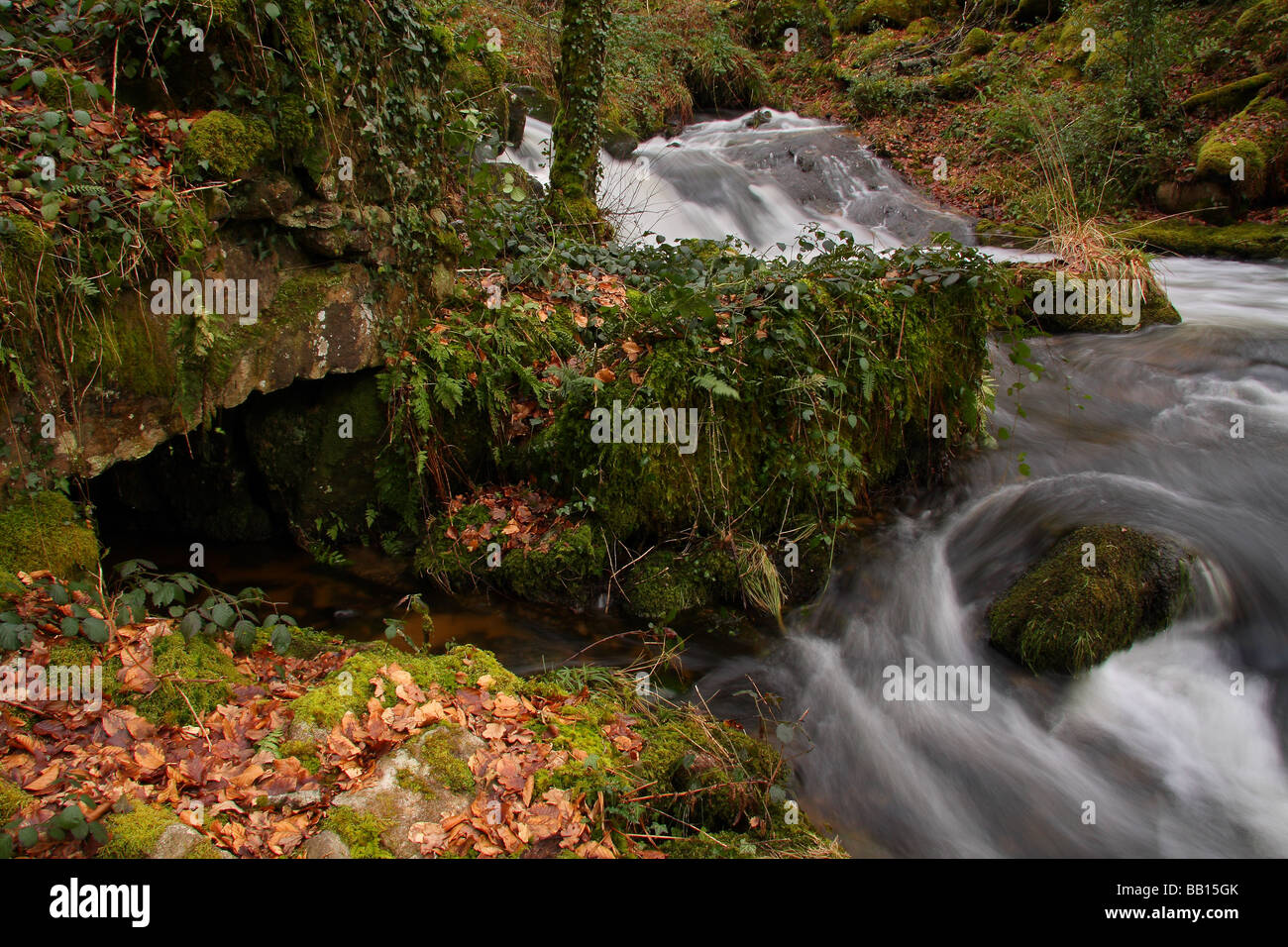 Fast flowing river with the remains of a ruined 19th century water mill. Stock Photo