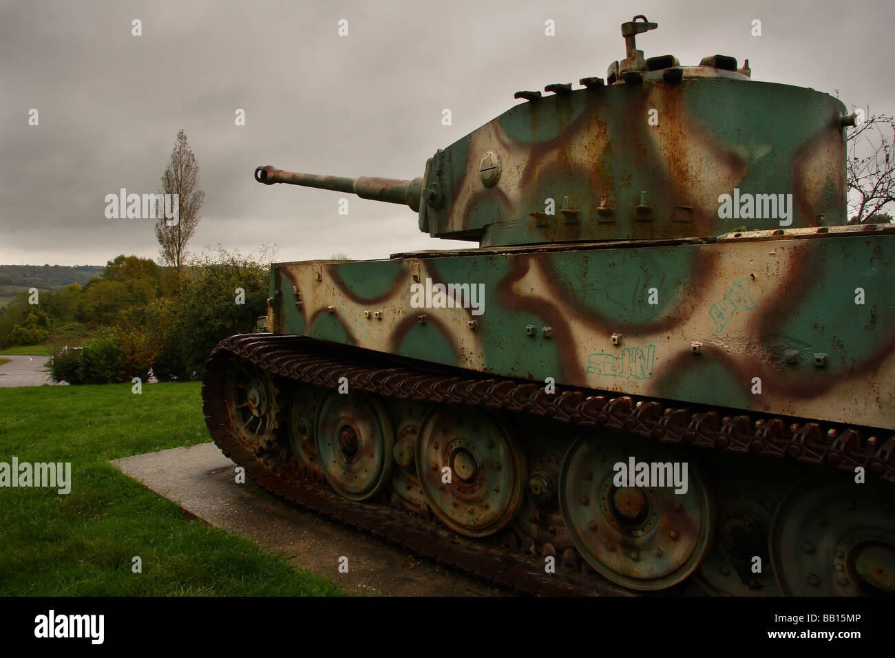 Tiger tank type E number 231 on a concrete plinth outside Vimoutiers Normandy France Stock Photo