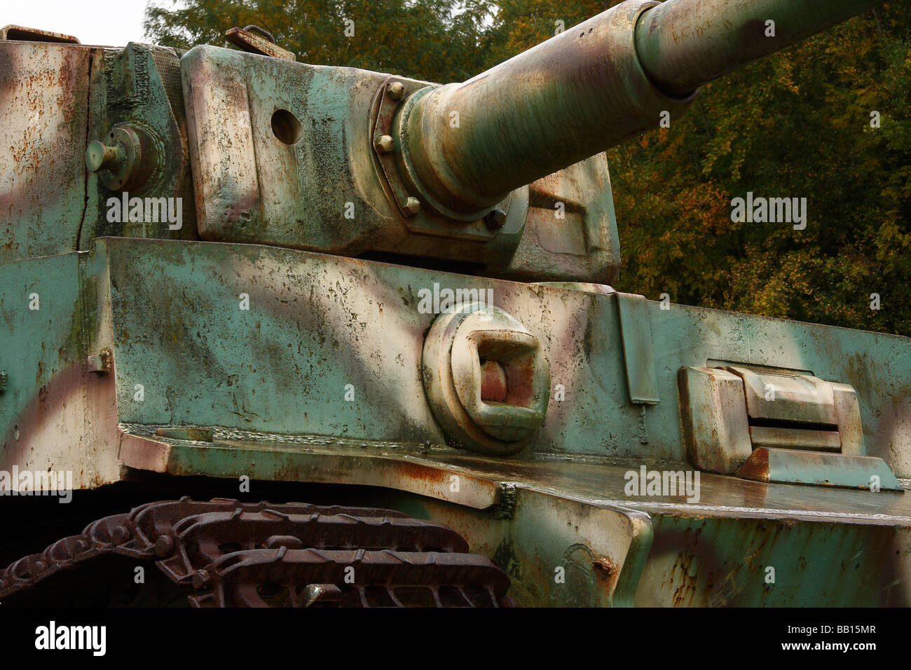 Tiger tank type E number 231 on a concrete plinth outside Vimoutiers Normandy France close up of front quarter Stock Photo