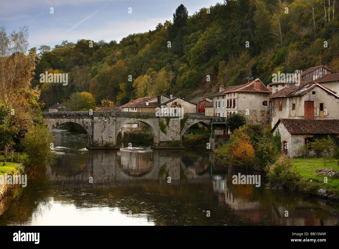 A view of the old town bridge at St Leonard de Noblat. Limousin France. Stock Photo