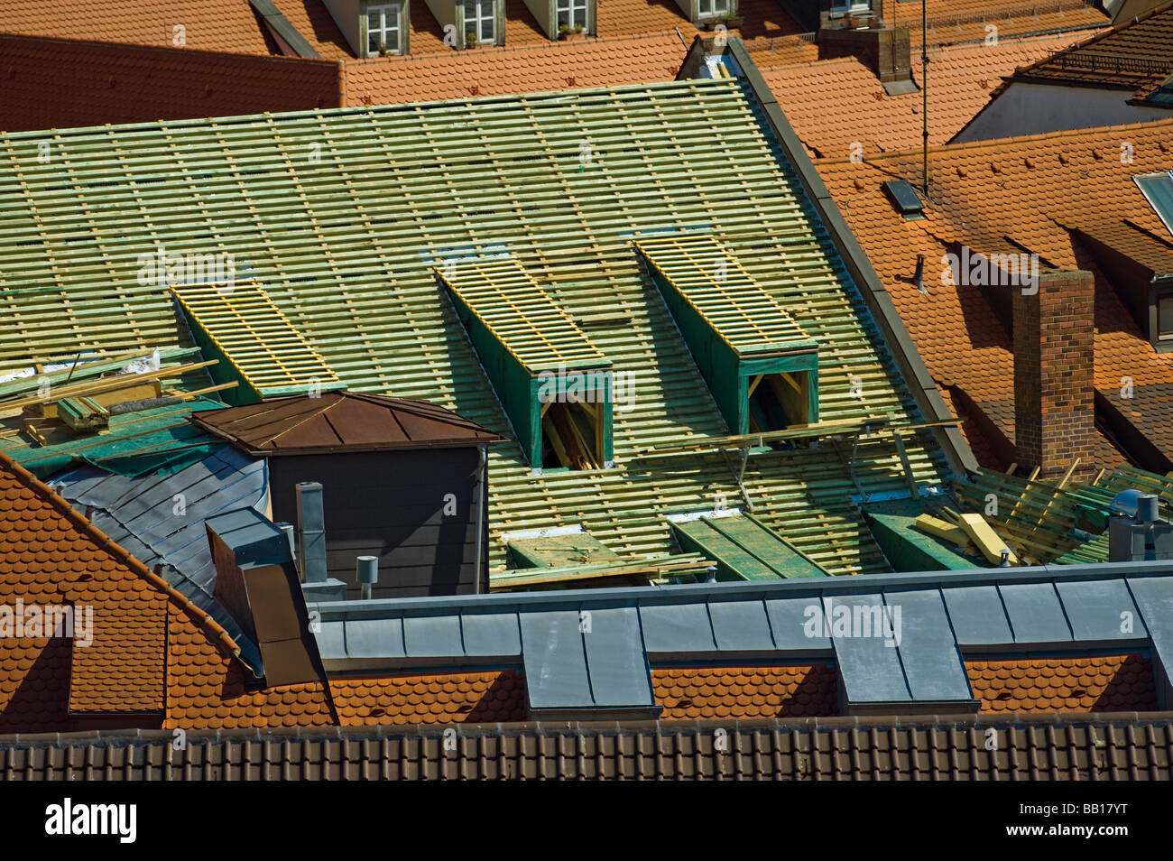 roof listed historical building protection repairs under construction restore restauration roof batten tiling antique house rene Stock Photo