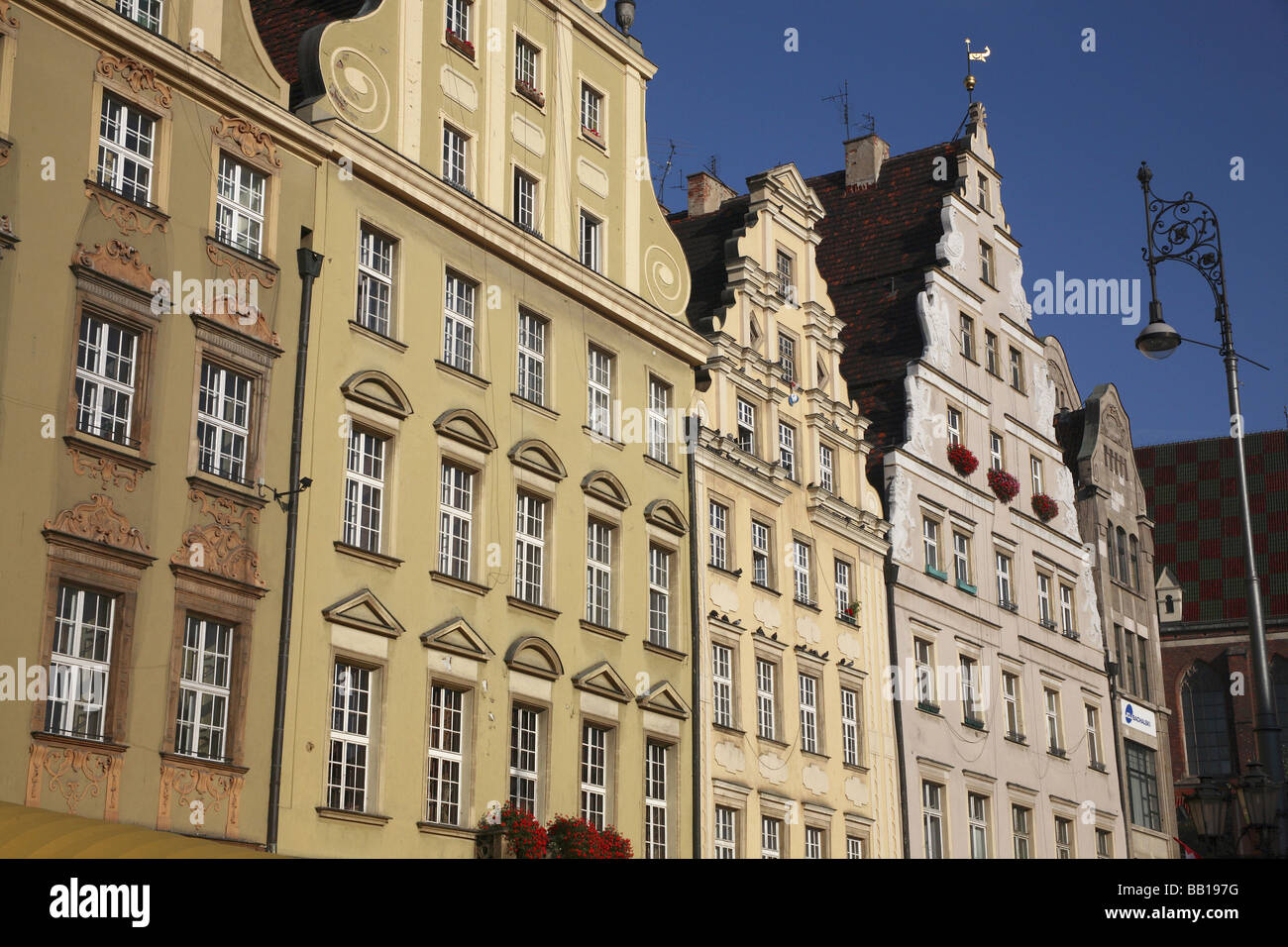 Pastel coloured building facades in the Rynek (Old Market Square) of Wroclaw Stock Photo