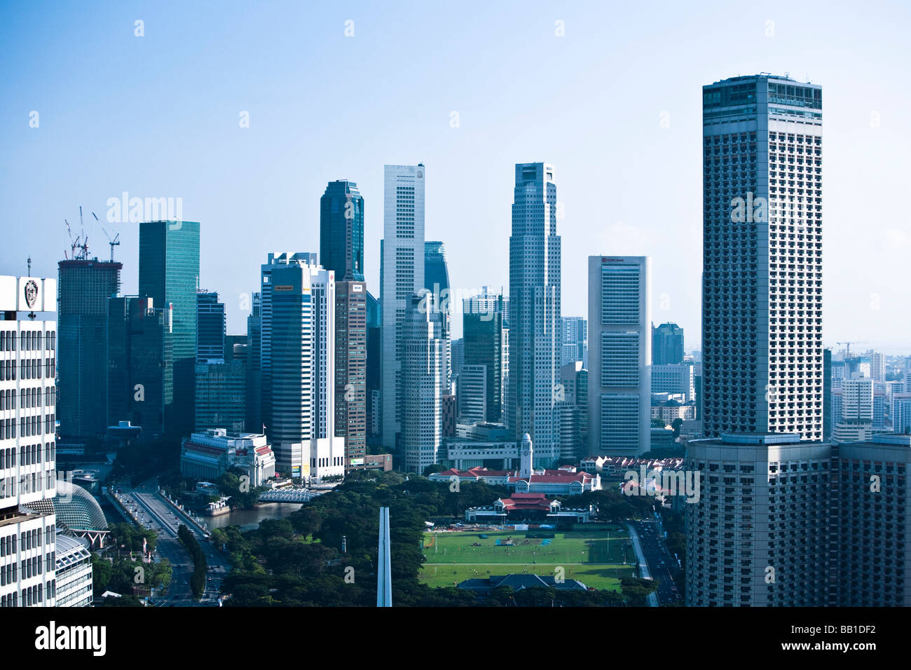Skyline with The Padang and skyscrapers; Singapore, Singapore City, Asia Stock Photo