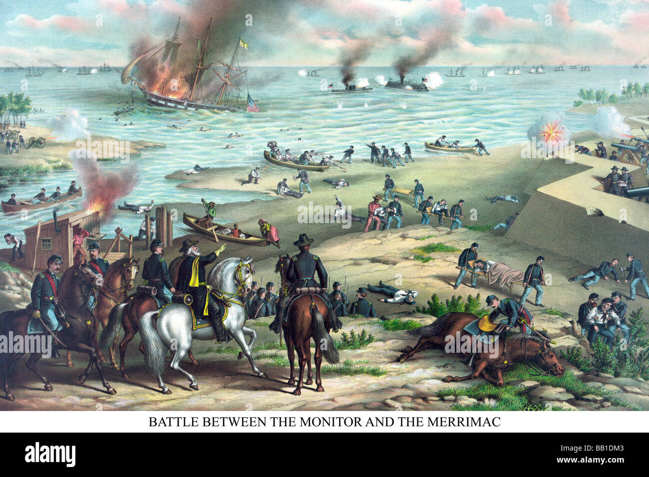 Naval Engagement of the Monitor & Merrimack or the Battle of Hampton Roads Stock Photo