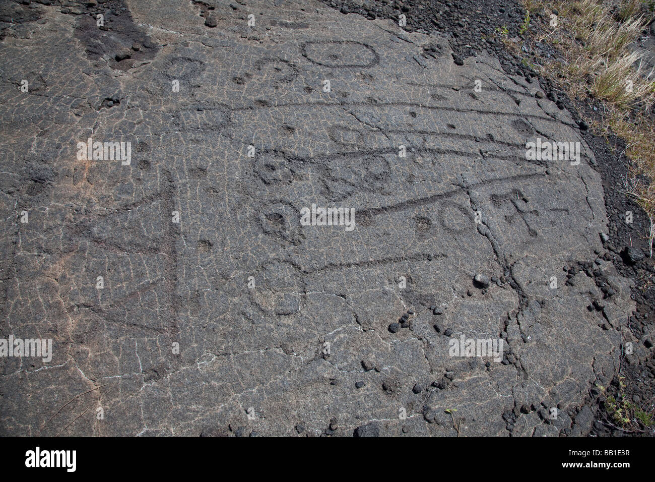 Ancient Hawaiian petroglyphs Big Island Hawaii Stock Photo