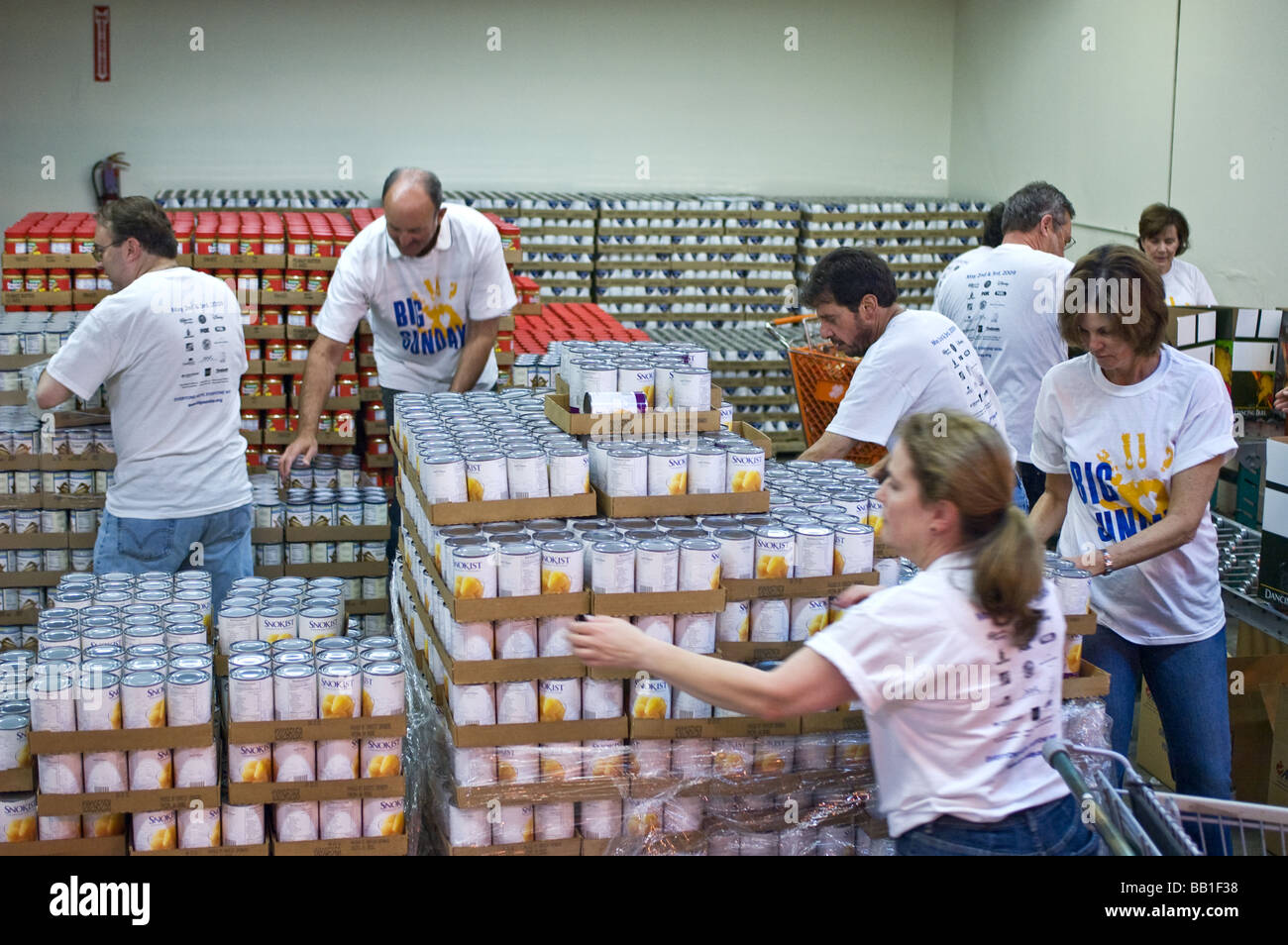 Volunteers stacking up and organizing cans in the warehouse of the