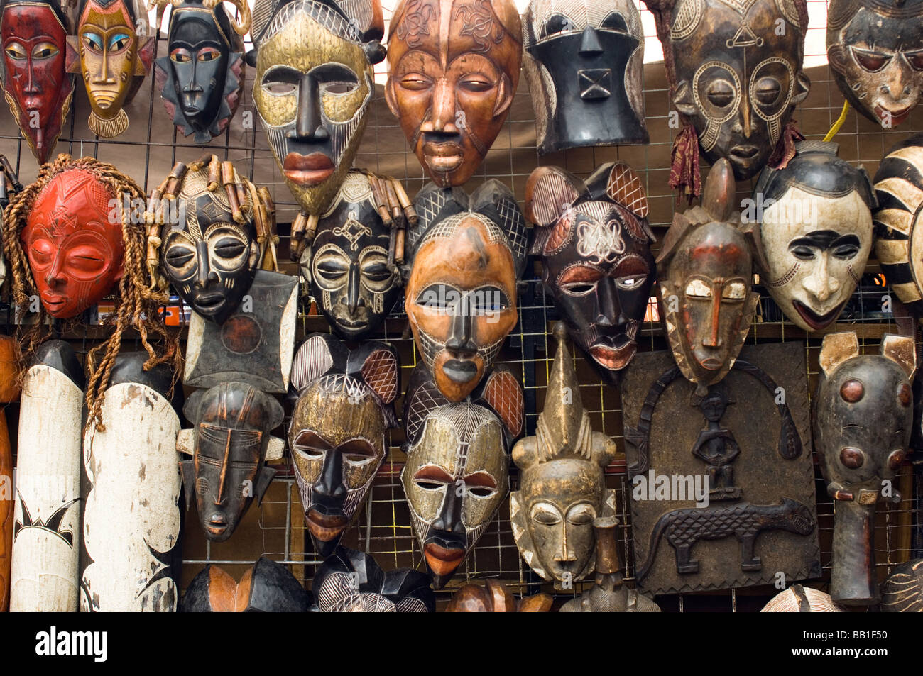 African Masks on a Market Stall in Greenmarket Square, Cape Town, South