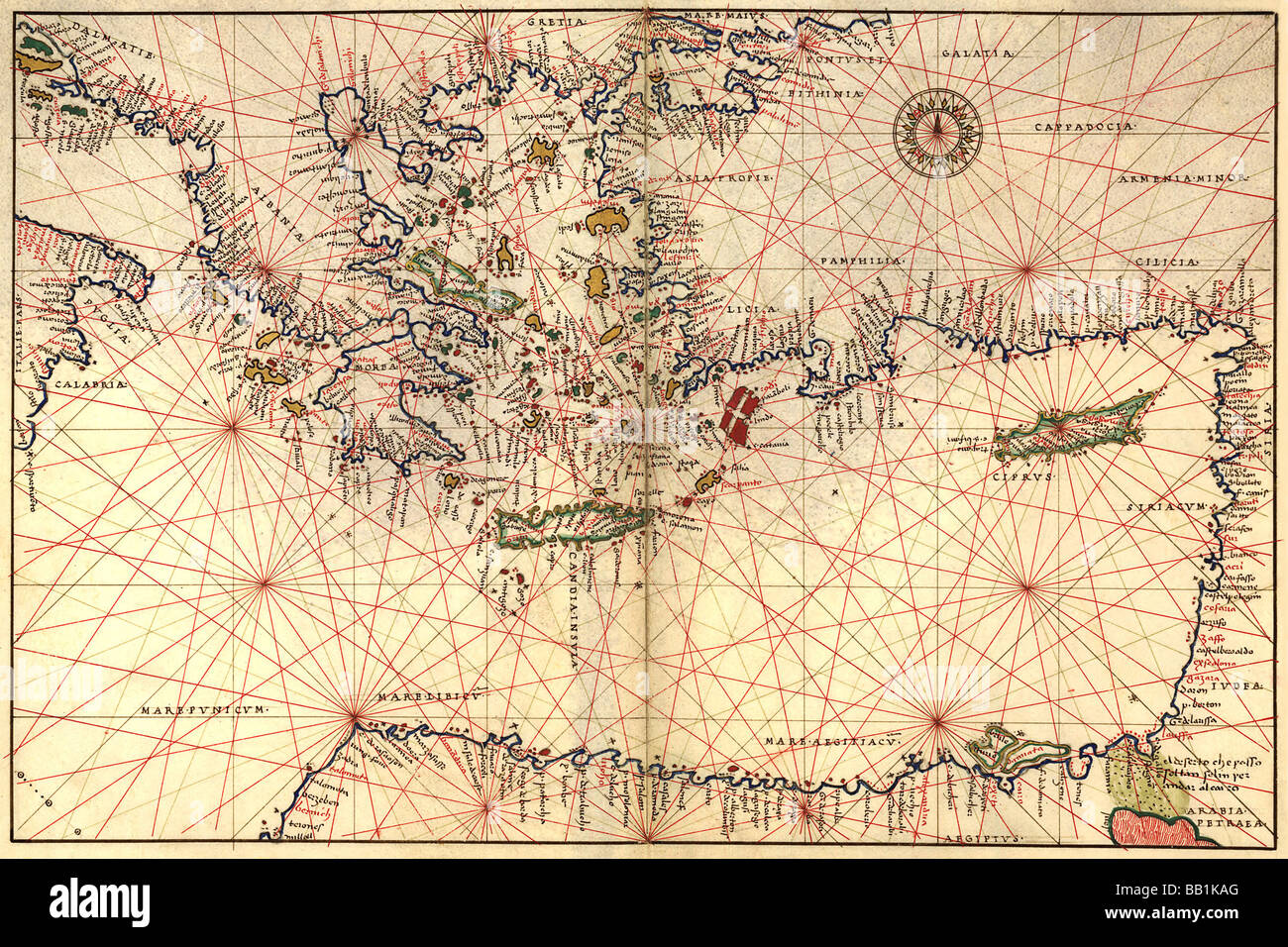 Portolan or Navigational Map of Greece,the Mediterranean and the Levant Stock Photo