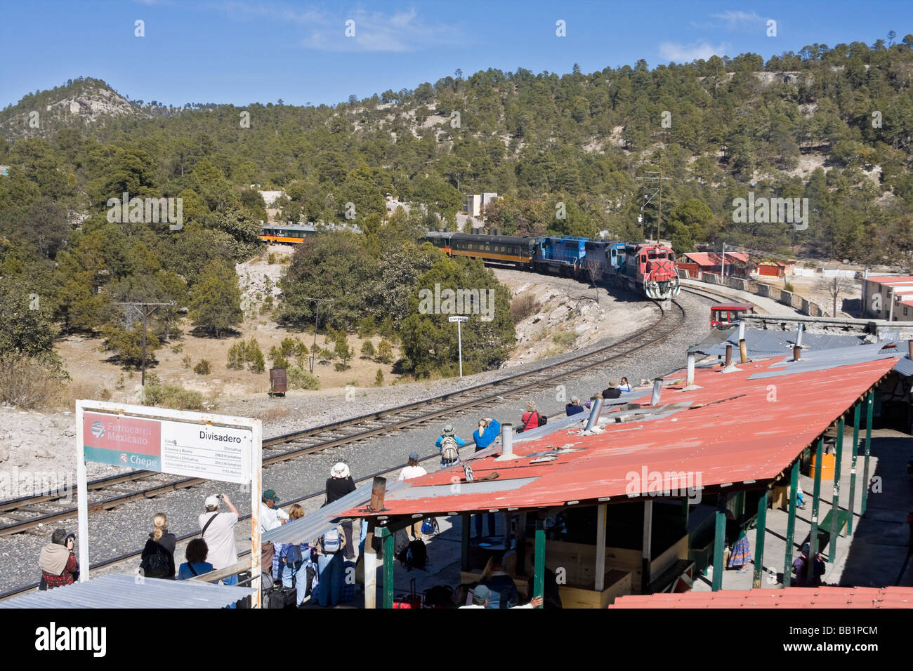 Copper Canyon, El Chepe, train arrives at Divisadero station along the Copper Canyon route in Mexico. Stock Photo
